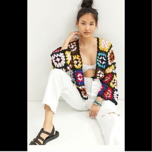 Anthropologie Colorblocked Granny Square Crochet Cardigan